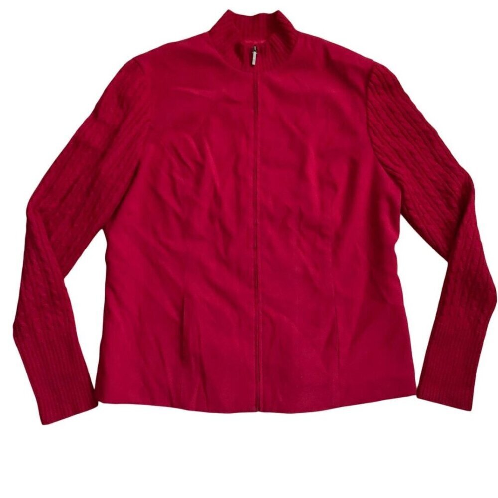 Talbots Wool Blend Cable Knit Full Zip Red Sweater Jacket Sz 16 Stretch Mature